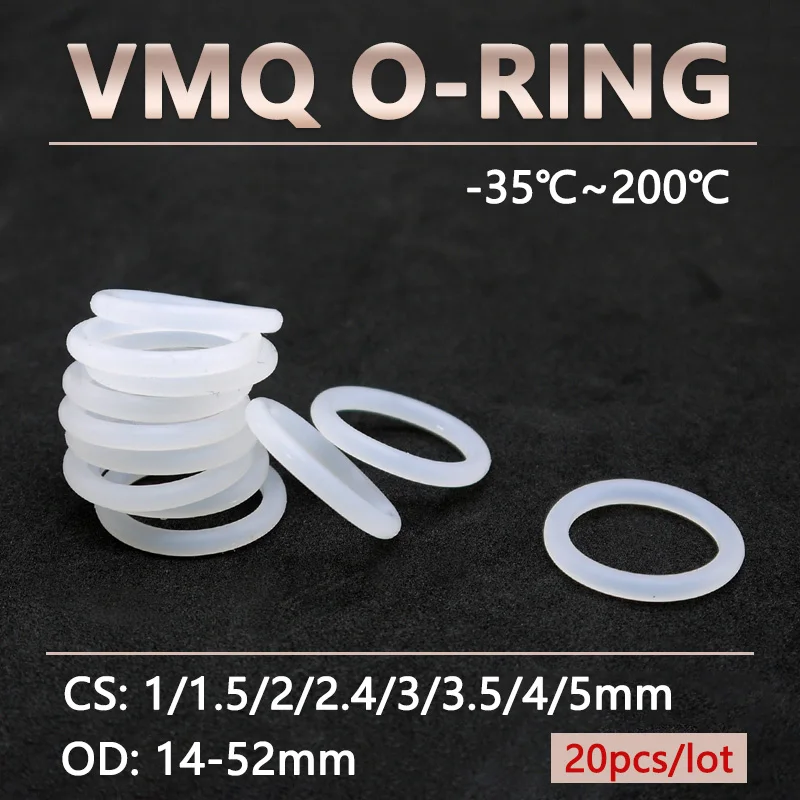 

20pcs White Silicone O Ring CS 1 1.5 2 2.4 3 3.5 4 5mm OD 14-52mm Food Grade Waterproof Washer Rubber Insulated Seal Gasket VMQ