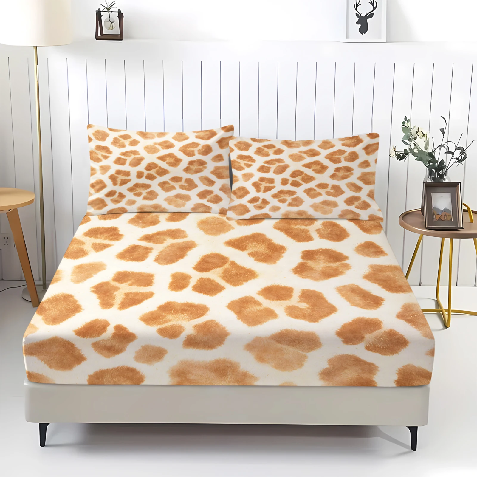 Pale Cream Giraffe Skin Pattern Fitted Bed Sheet Set Light Brown Giraffe Spot Print Deep Pocket Mattress Cover with Pillowcases