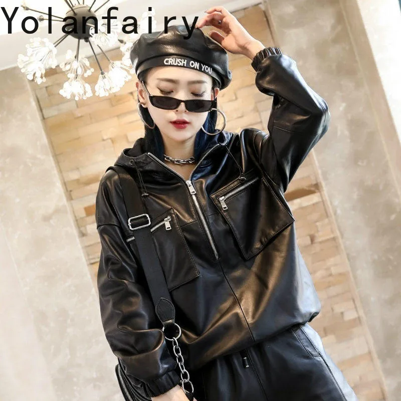 YOLANFAIRY 2026 Autumn Genuine Leather Jacket Women Korean Style Hooded Long Sleeve Real Sheepskin Cropped Hoodie Coat Black