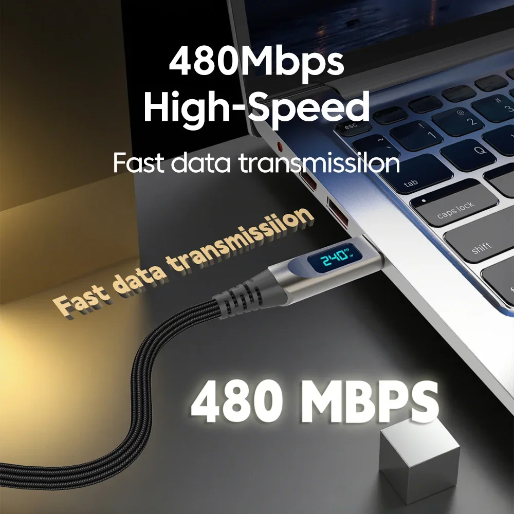 5A Digital Display TypeC to C Fast Charging Data Cable Nylon Braided High Speed Transfer Charging Cord for iPhone Samsung Xiaomi