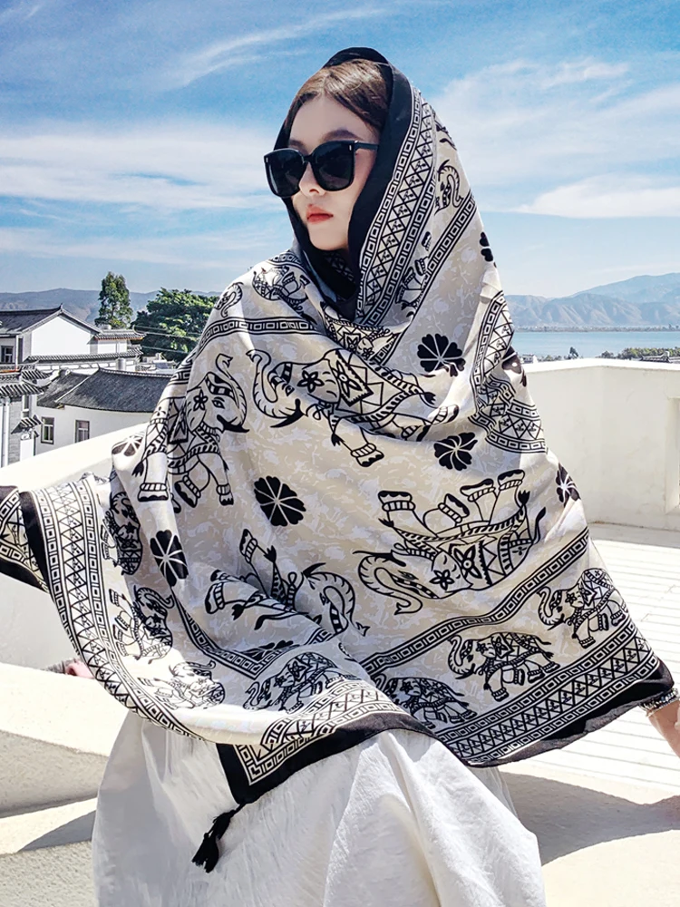 軽量エスニック風スカーフ-レディース-旅行用ビーチウェアショール-日焼け対策スカーフ-花柄ポリエステル繊維スカーフ