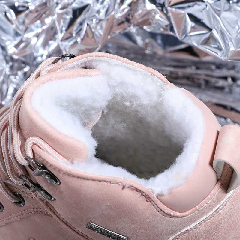 2023 Winter Wandelschoenen Vrouwen Roze Pluche Warme Hoge Top Sneeuwschoenen Pu Lederen Anti-Slip Enkellaarzen Trekkingschoenen