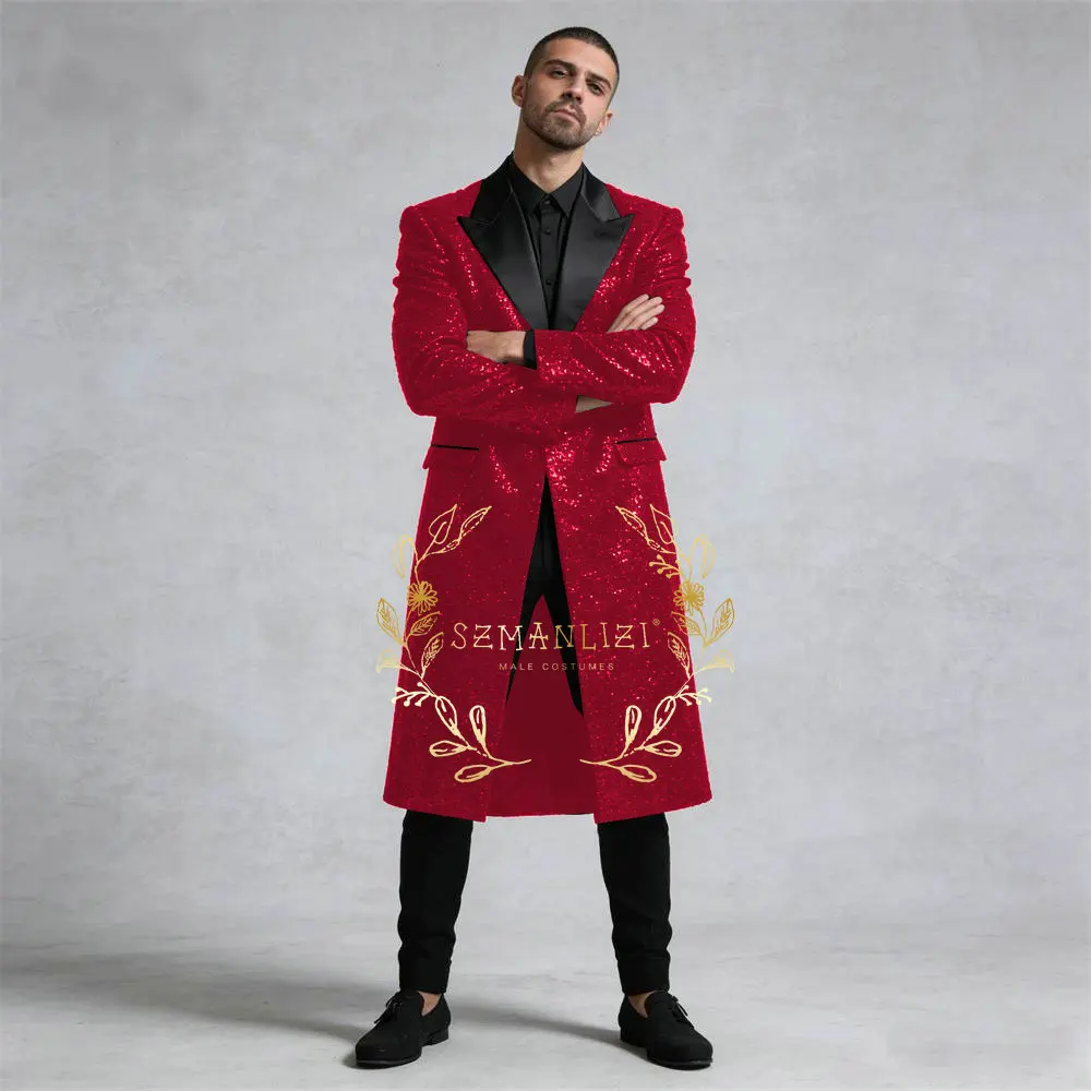 رجال الأعمال الدعاوى بورجوندي سباركلي الترتر بلغت ذروتها التلبيب السراويل الطويلة 2 قطعة مجموعات ملابس العريس البدلات الرسمية الزفاف مخصصة