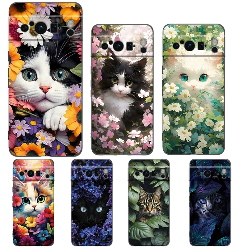 Phone Case For Google Pixel 9 8 8A 7 7A 6 Pro XL 6A 5G Black Soft Shockproof Back Cover TPU Shell Cute Detection cat