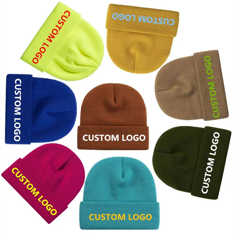 Warm beanie cap with diy logo Adult men solid skullies gorros Custom knitted hat for women Curled elastic skullies caps gorras