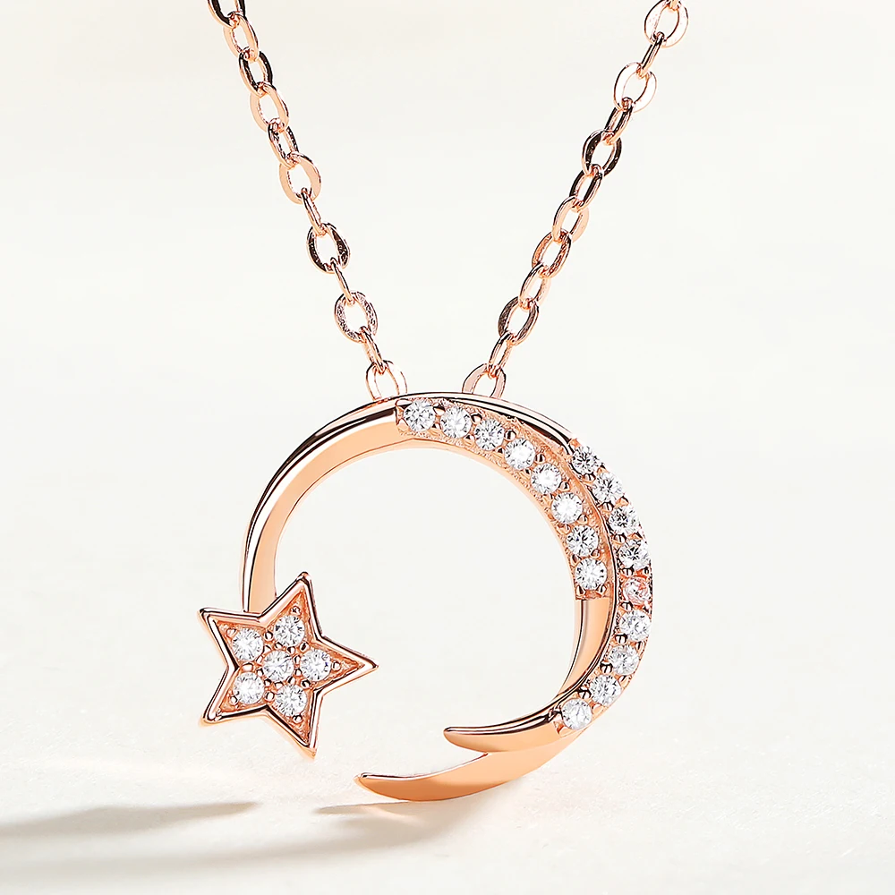 Fashion 925 Sterling Silver Women Girl Rose Gold Crescent Jewelry Shiny Zirconia Star Moon Necklace