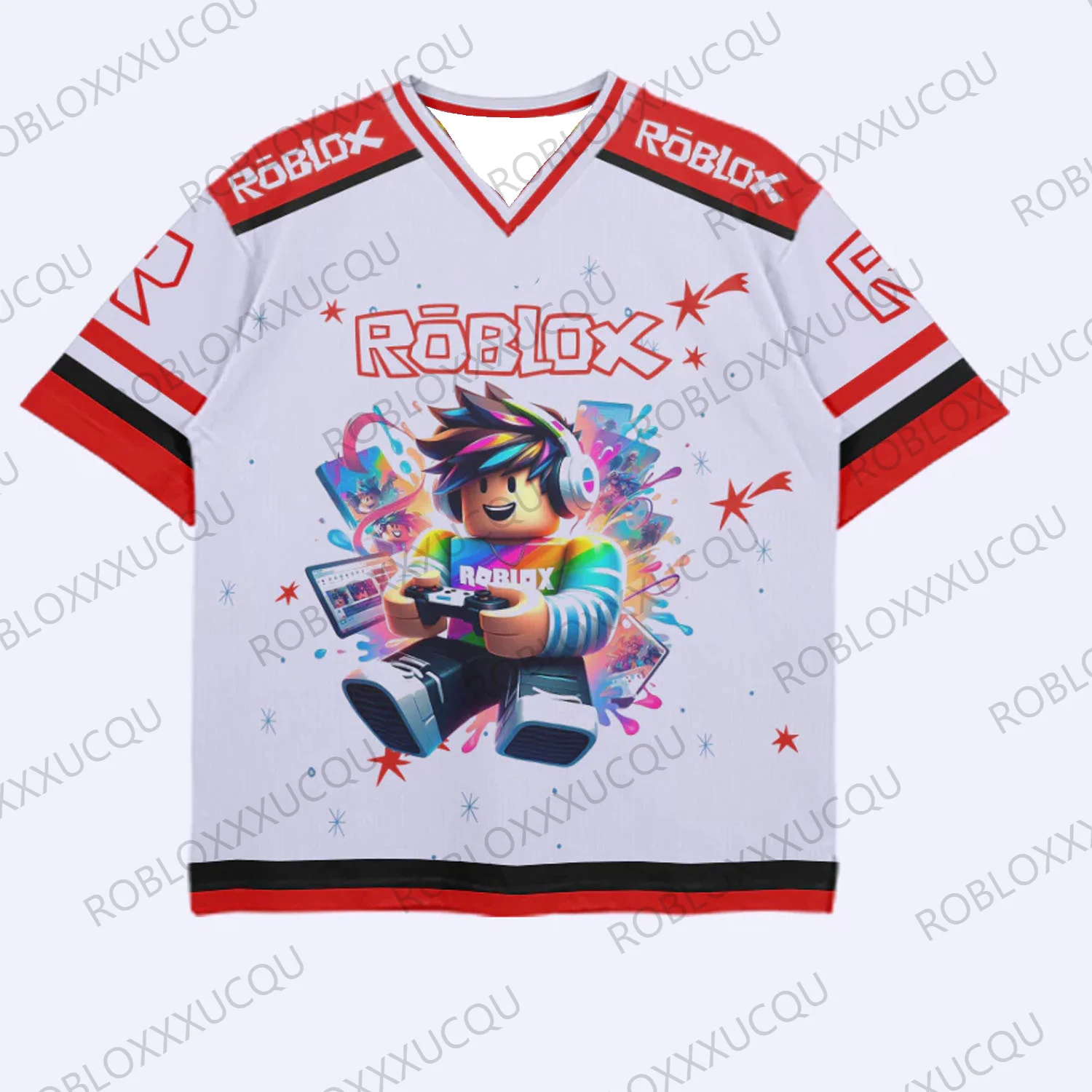 Roblox Gamer Controller V Neck Jersey 3D Graphic T Shirt Summer Short Sleeve E Sports Top For Boys And Teens