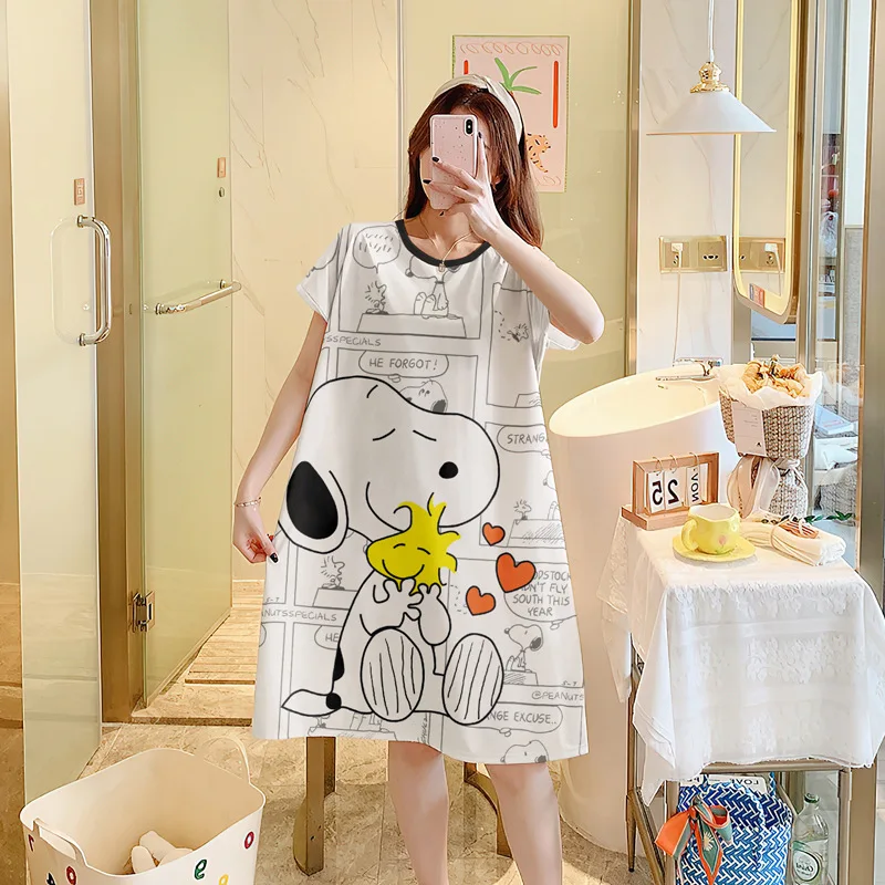 Snoopy Nightgown Cartoon Nightdress Women Anime Loose Short Sleeve Dress Pajama Summer Sleepwear Oversized Long Casual Homewear