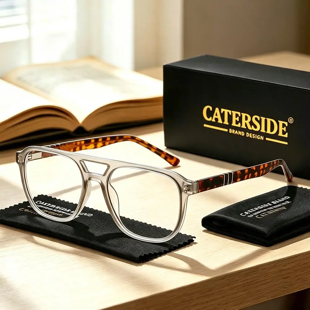 CATERSIDE Modische Herren-Pilotenbrille mit Blaulichtfilter, Flachrand-Design mit Doppelbrücke, Brillengestell, Damen-Dekorationsbrille – Detail 1