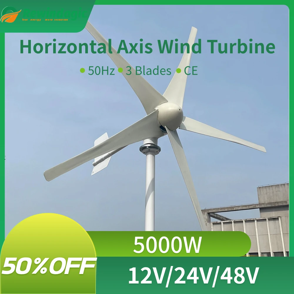 

5kw Horizontal Wind Turbine Generator 12V 24V 48V Free Energy 5000W Magnetic Dynamo Strong Power 220v Inverter Output For Home