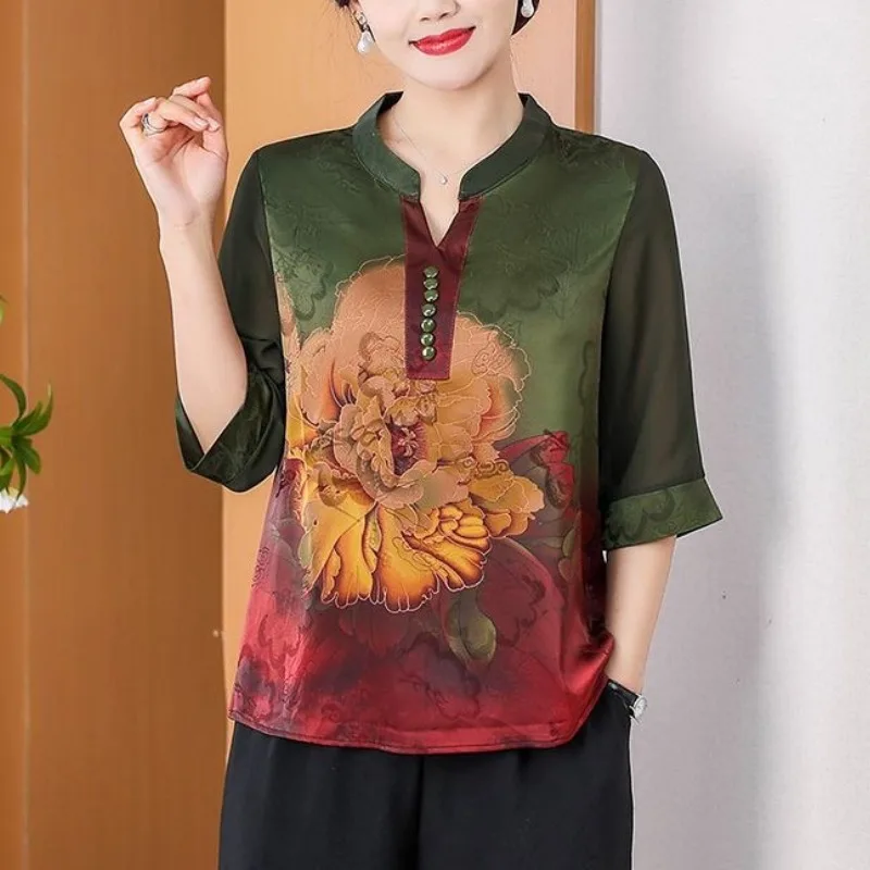 

Women's Half Sleeve Round Neck Summer Pullover Flower Button Printing Gradient Chiffon T-shirt Fashion Loose Elegant Tops