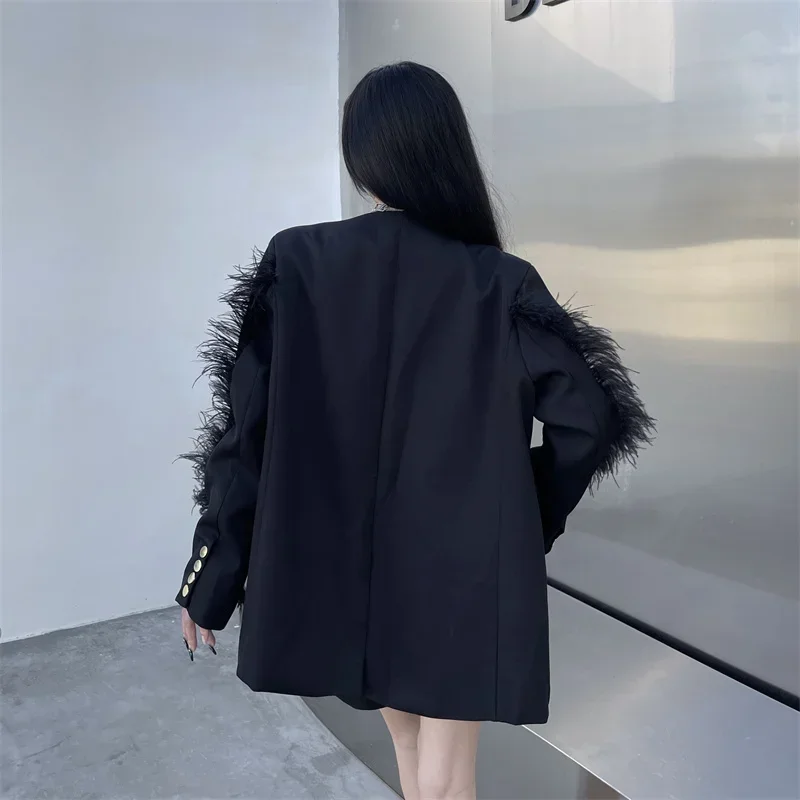 UNXX High-end Feather Stitching Black Long Sleeves Jacket Women Autumn New Mid-length Western Style Loose Tops Lady Blazer Women