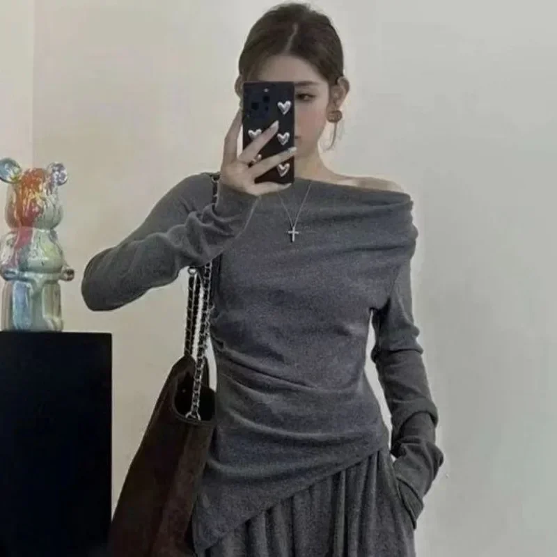 قطعتين مجموعة واحدة الكتف طويلة الأكمام السراويل واسعة الساق شهوة نقية الساخن فتاة الزي بدلة على الموضة النساء الاتجاه غير النظامية