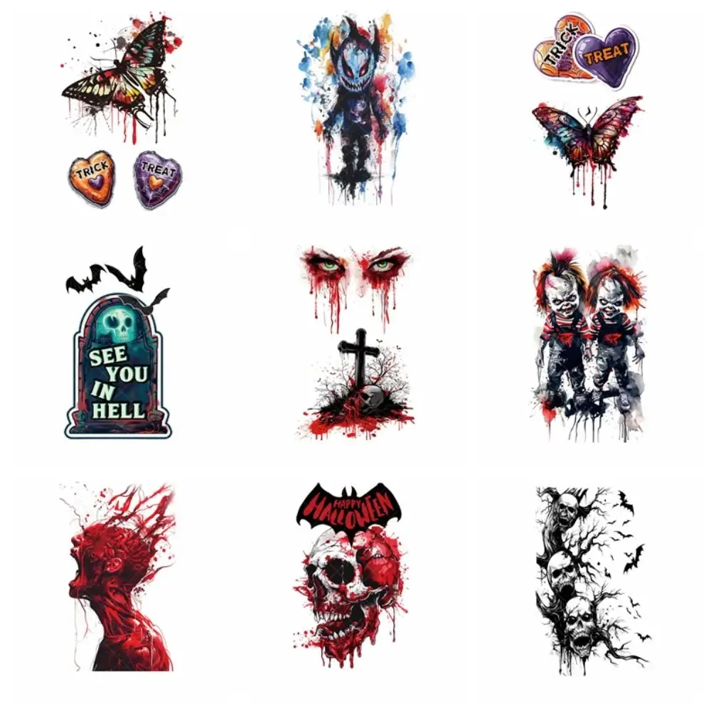 36Sheets Fake Tatto Halloween Tattoo Stickers Disposable Waterproof Big Mouth Face Sticker DIY Eye Decals Body Art Stickers