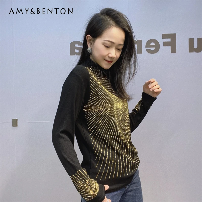

American Style Half High Collar Inner Wear High Elastic Cotton Diamond Drills Bottoming Shirt Slimming Long-sleeves Tshirt Women