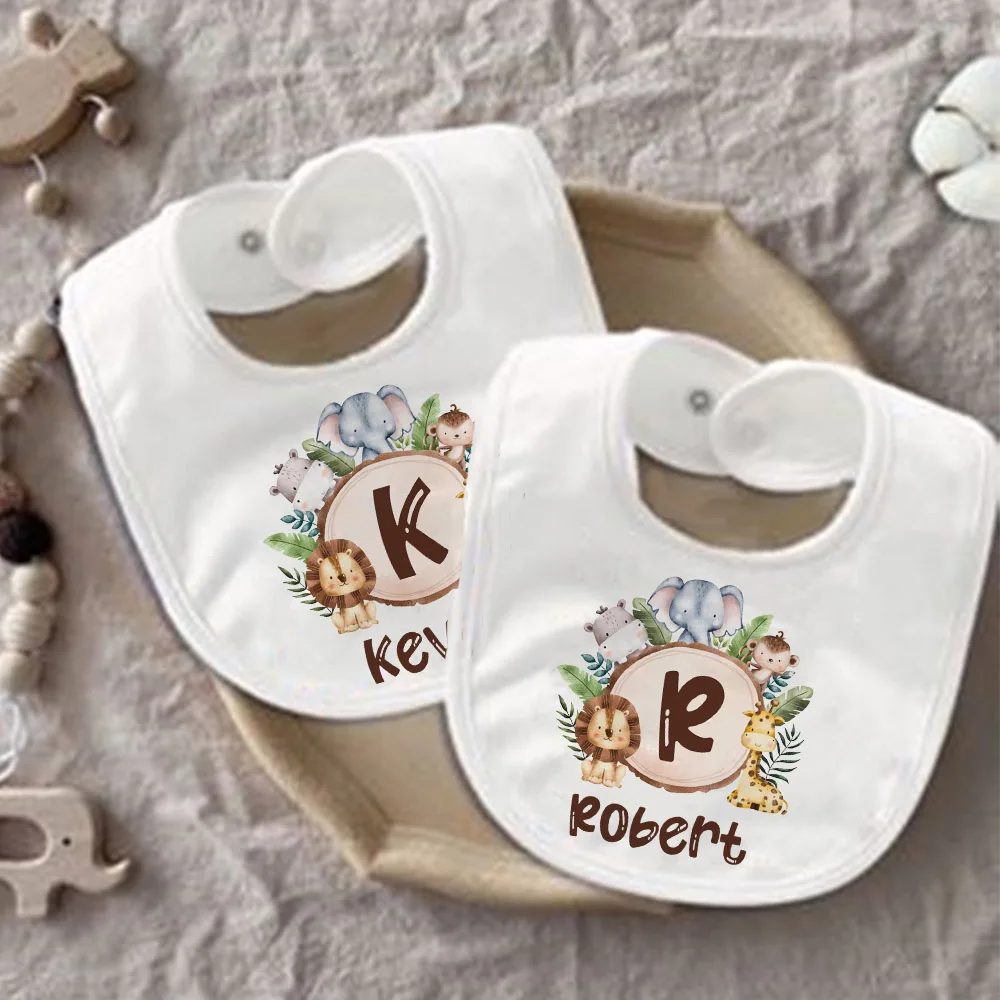 Personalised Baby Bib Initial with Name Boy Girl Cotton Bib Newborn Saliva Towel Wild Animal Print Bib Baby Birthday Shower Gift