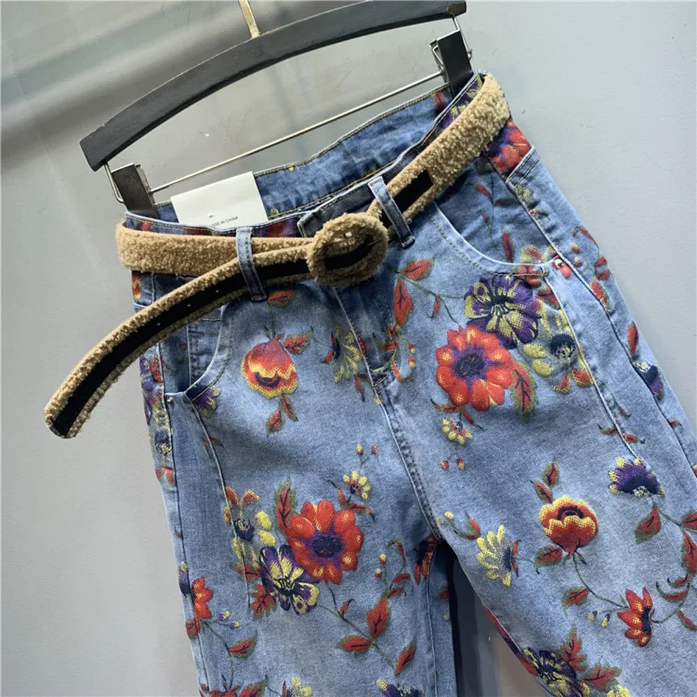 Flower Jeans Woman Spring New High-Waist Loose-Fit Pants Personality Printed Denim Harem Pants Women's Jeans Jean Femme V523