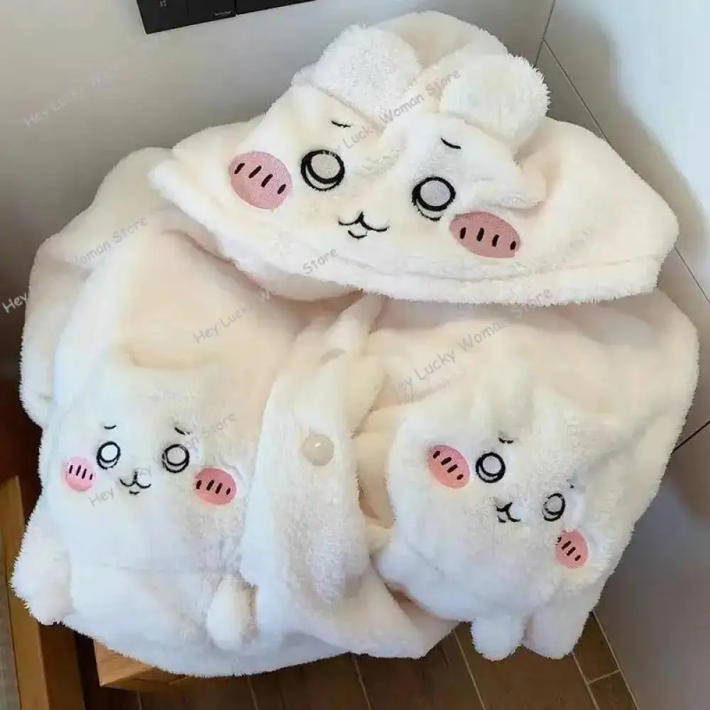 Kawaii Chiikawas пижамы коралловый бархат домашняя одежда длинная ночная рубашка плотный кардиган брюки мультфильм милая девушка повседневная домашняя одежда