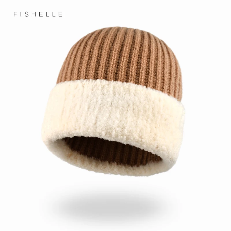 2022 New Warm Lamb Wool Cap with Wool Edge Women\'s Winter Knitted cap Pullover Hat for girl boy