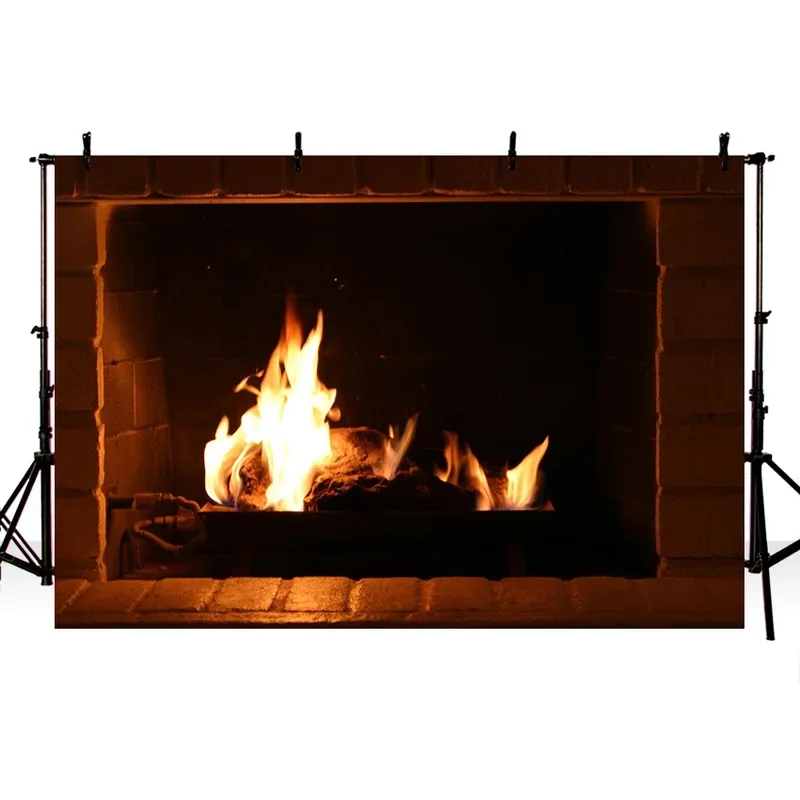 VIKAMA Burning Fireplace Tapestry Warm Fire Flame Wall Hanging Christmas Home Party Photo Background Decor