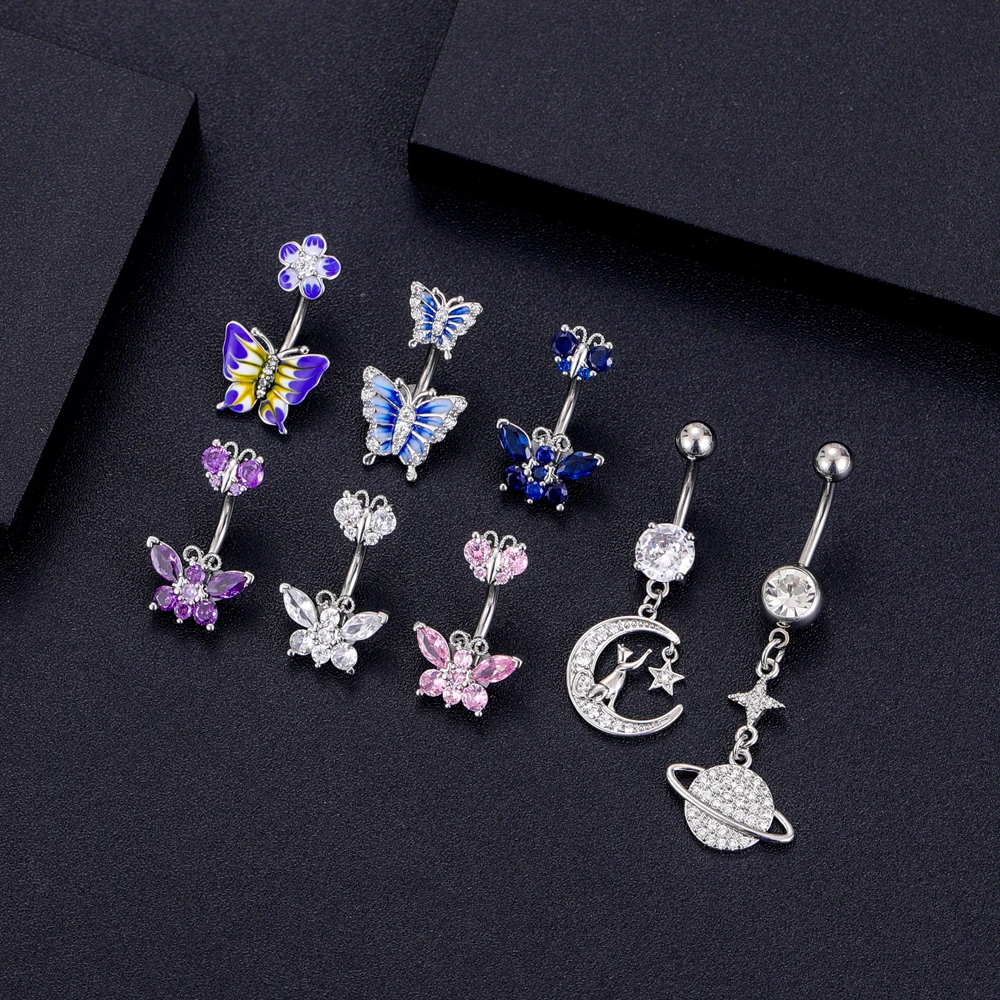 3-9pcs/lot Butterfly Heart Dangled Belly Button Ring Set Steel Crystal CZs Skeleton Hand Holding Stone Ball Belly Rings GiftPack