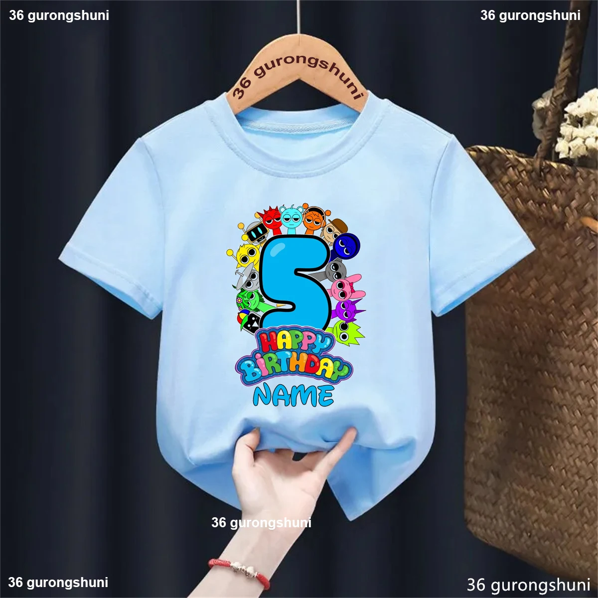 

Custom Name Rainbow 5th Birthday Sprunki Character Game Printed T-Shirt Girls/Boys Kawaii Kids Clothes Summer Solid T-Shirt