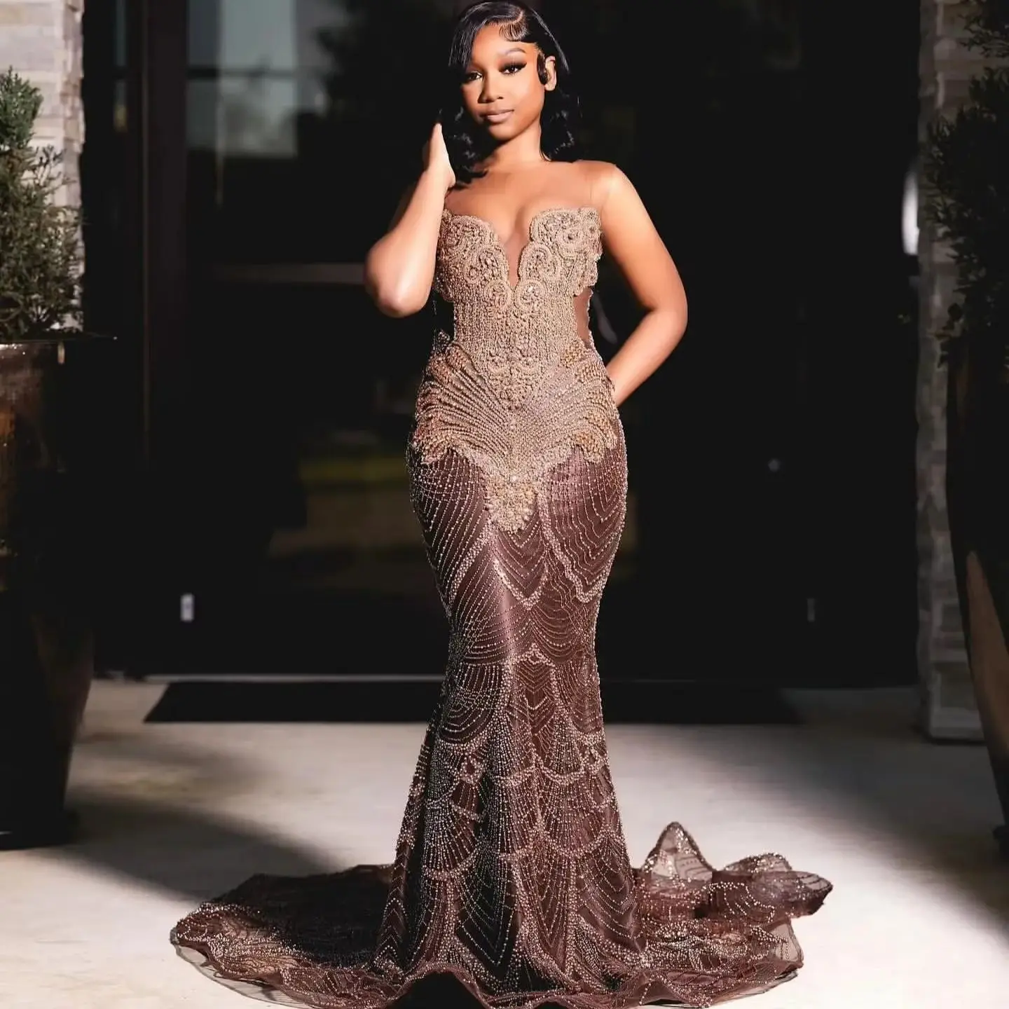 Brown Mermaid Prom Dress Beaded Crystals Sequined Evening Formal Aso Ebi Gown for Party Second Reception Birthday Engagement