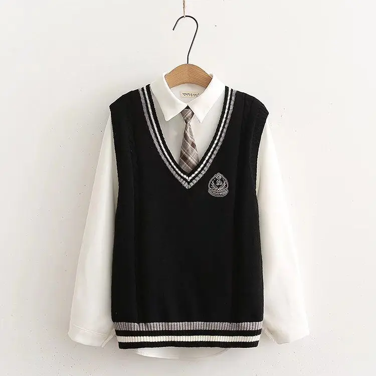 Autumn New College Style Suits Students Korean Style Loose long-sleeved Shirts Knitted Vest two-piece Suit Jk Vest And Shirt