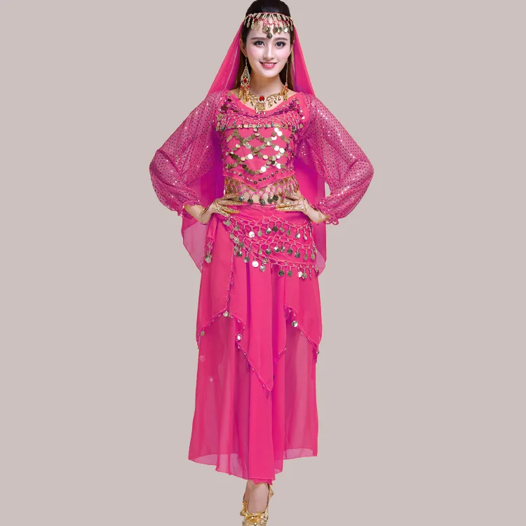 Completo di danza del ventre lucido per adulti completo da donna con paillettes Top + pantaloni Costume da donna danza indiana orientale Set di vestiti da principessa araba