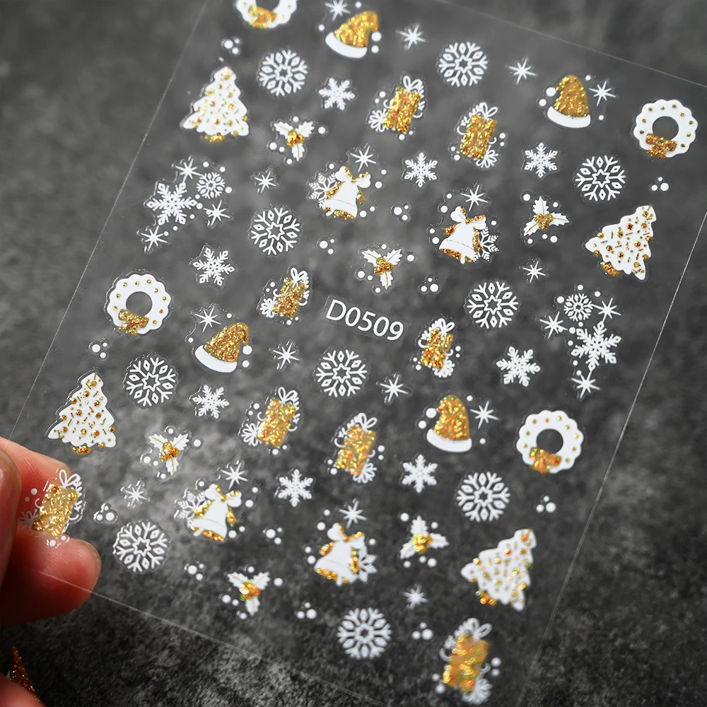 1Pc Goud Zilver Glitter Sneeuwvlok Nagelsticker 3d Kerst Sparkly Lint Bells Elanden Lijm Sliders Winter Manicure Decoratie