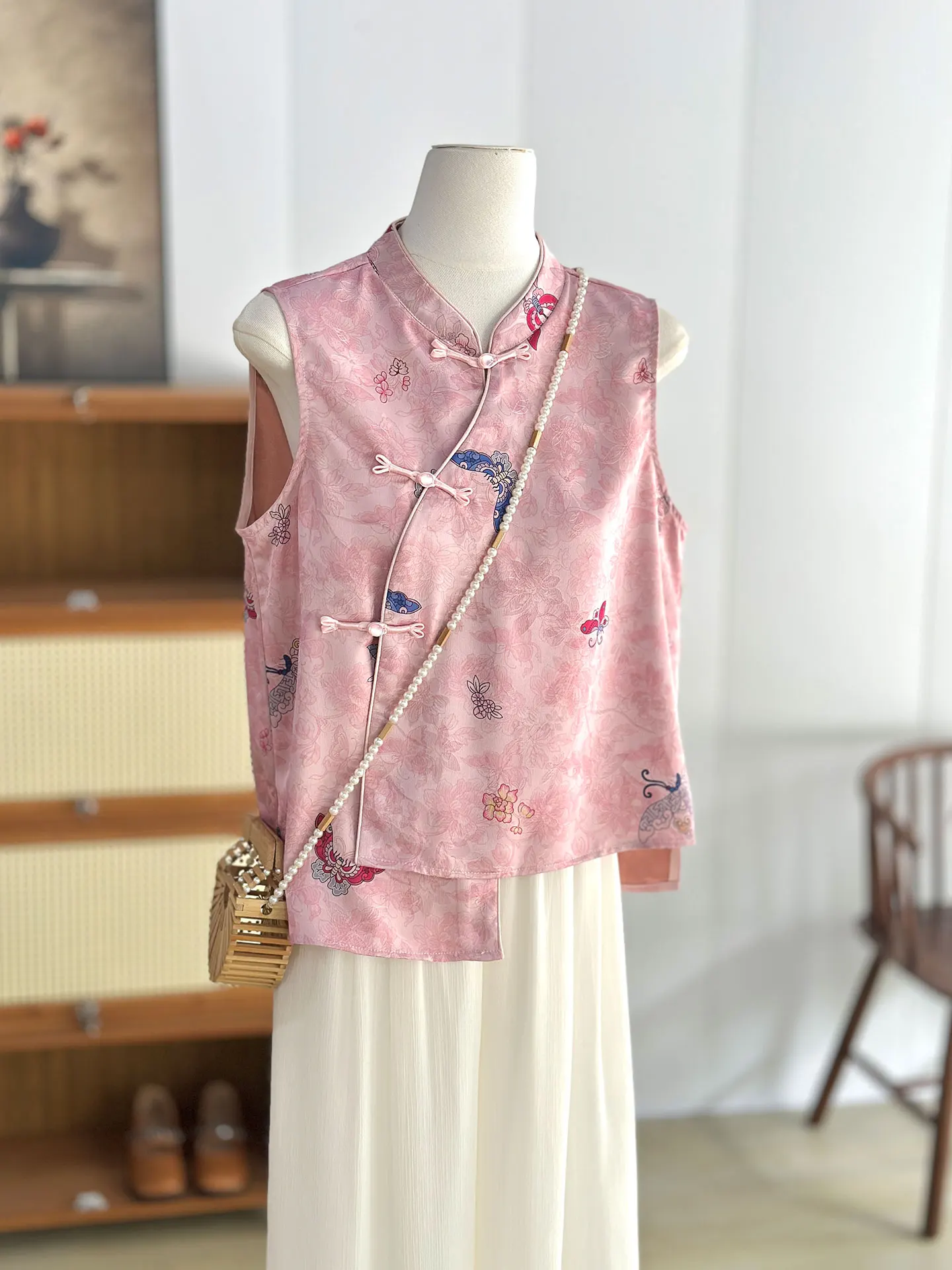 

Pink High-Grade Sleeveless Vest Women's Short Summer Outer Wear New Chinese Style Improve Suit Top
