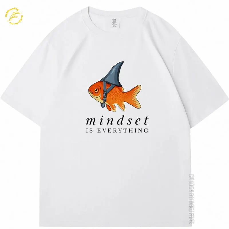 

2025 100% Cotton Man Tshirt Funny Tees Mindset Motivational Quote Cute Goldfish Shark Oversized T-Shirt 남자옷 Tシャツ 고양이 티셔츠