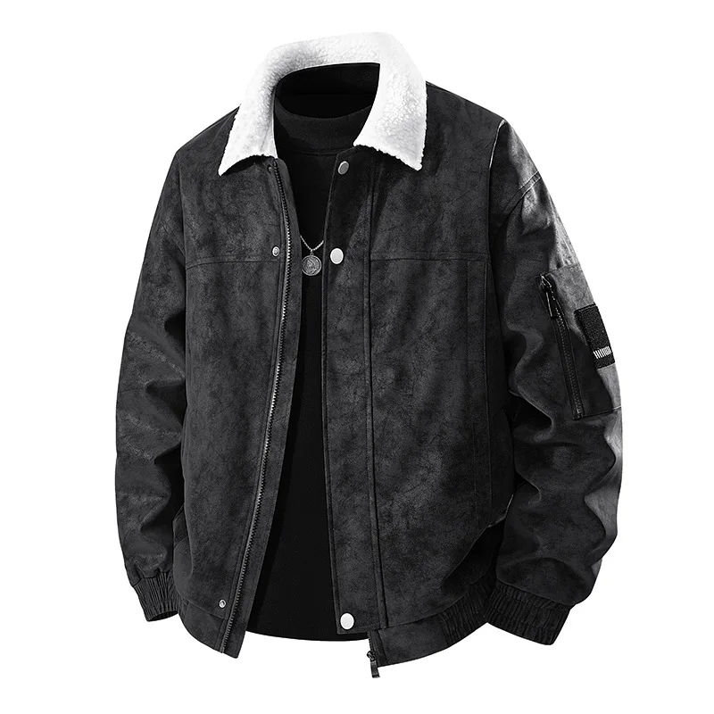 

Autumn Winter Men Plush Jacket Vintage Contrast Color Turn Down Collar Male Leather Coat Long Sleeve Versatile Man Outerwear