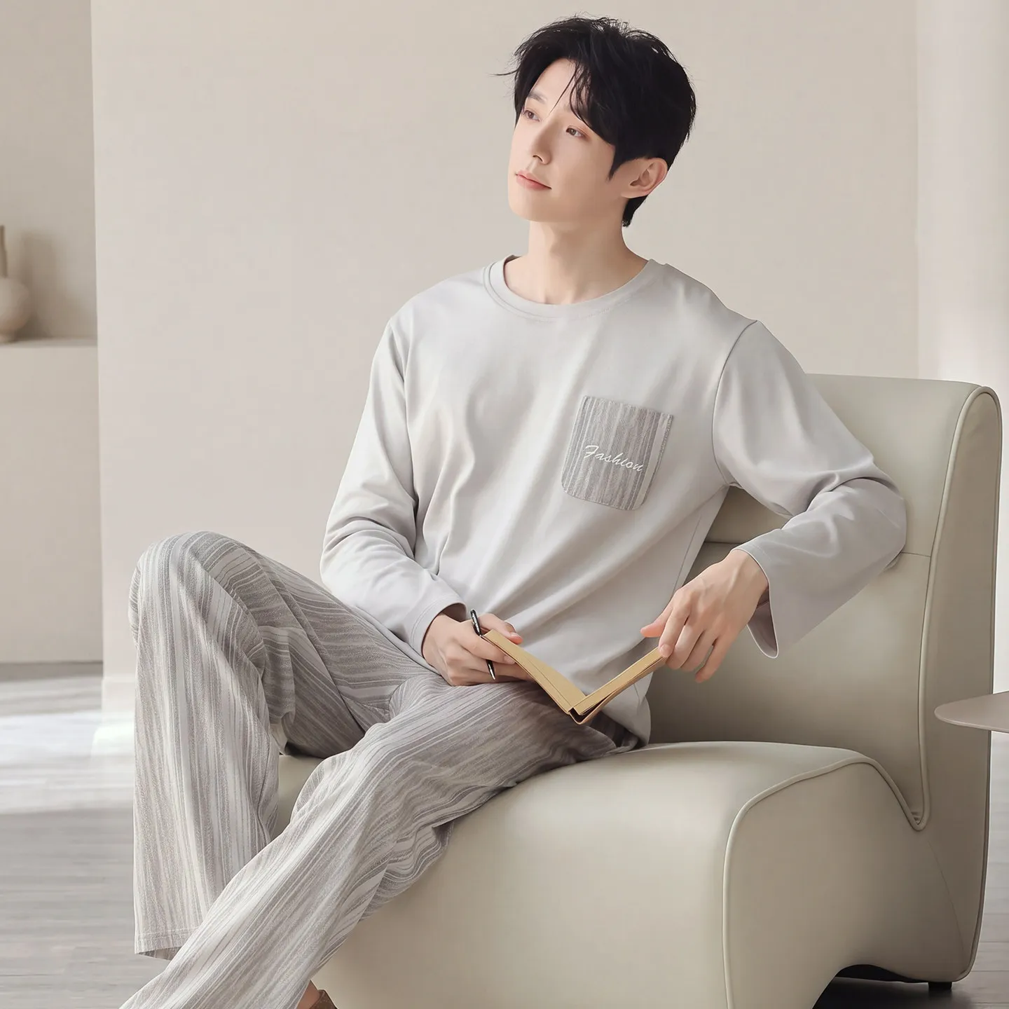 2026 New Autumn Spring Men Pajama Set Crew Neck Pullover Long Sleeve Long Pants Casual Loungewear For Teenagers Home Sleepwear