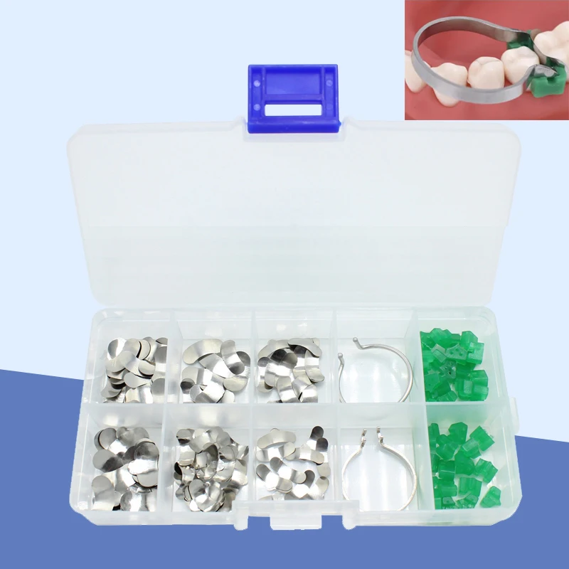 140Pcs/Box Dental Matrix Sectional Contoured Metal Matrices Band With Silicone Rubber Add On Wedges