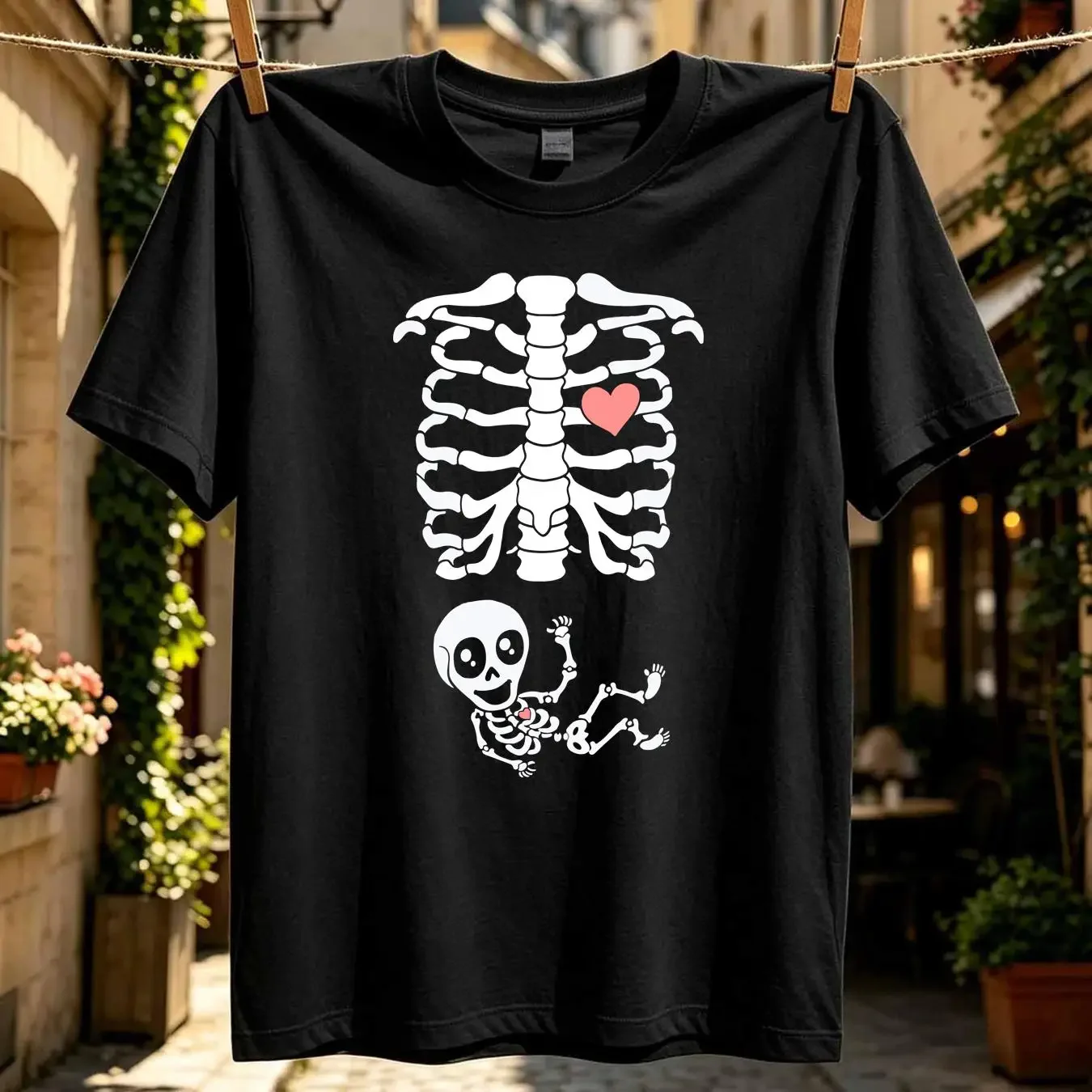washed T Shirt Halloween Maternity Skeleton Ribcage Baby Pregnancy Costume top vintage Washed Casual Versatile Soft homme