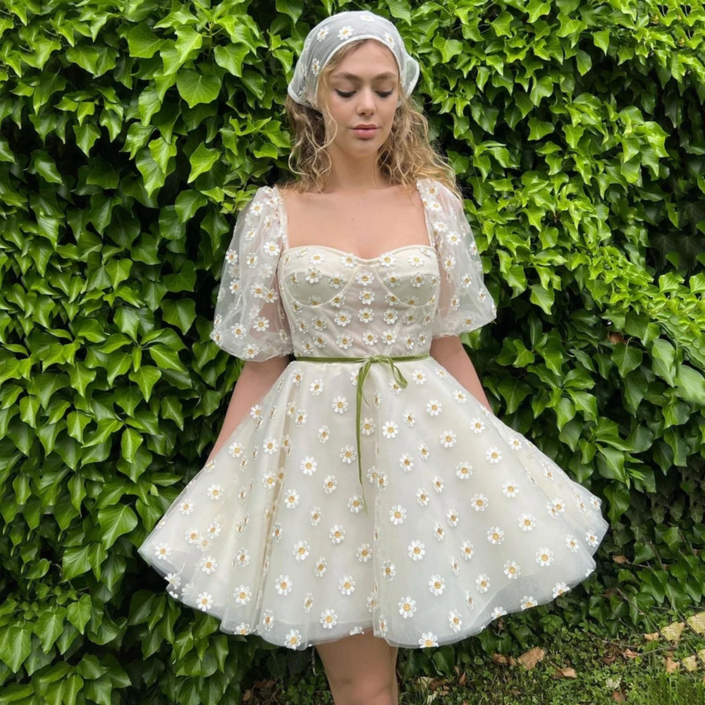 

Yipeisha Pastrol Floral Prom Dress Square Neckline Mini Party Gown Little White Dress A-line Puff Sleeves Cocktail Outfit