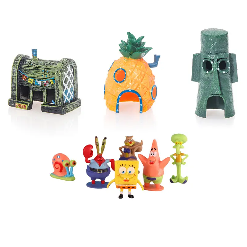 6 pçs bob esponja decoração do tanque de peixes dos desenhos animados aquário boneca decorações abacaxi casa peixe camarão esconderijo decoração do aquário