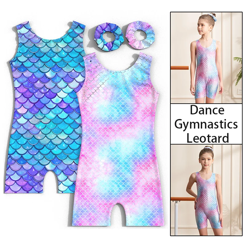 Pantalones cortos sin mangas para gimnasia para niñas, leotardos de baile para niña, Biketard de baile, trajes caídos con diadema a juego