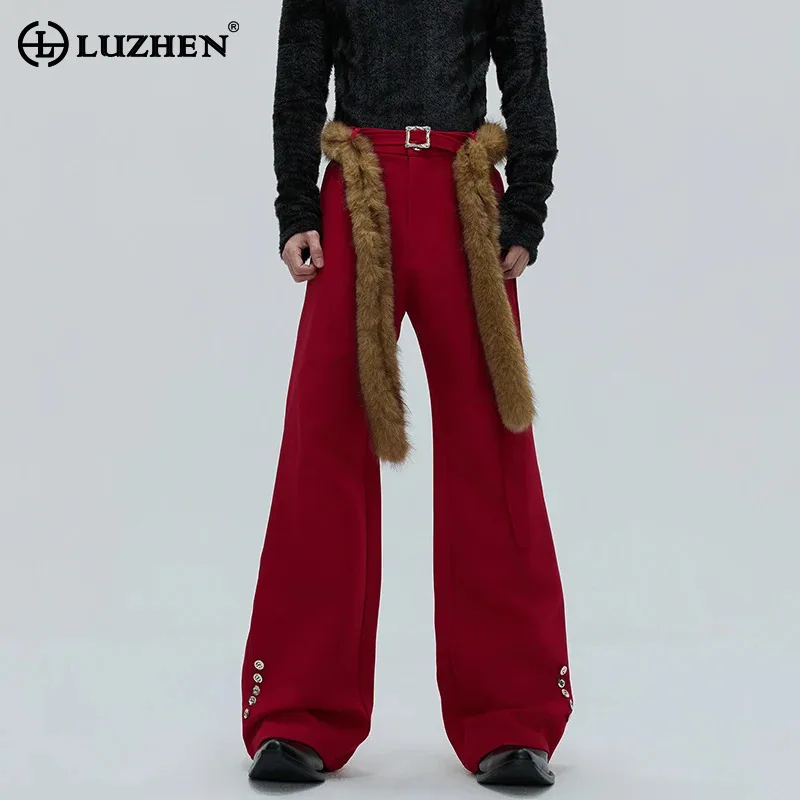

LUZHEN оригинальные персонализированные меховые пояса украшают однотонные прямые брюки мужские 2025 новые высококачественные красивые брюки JY5012