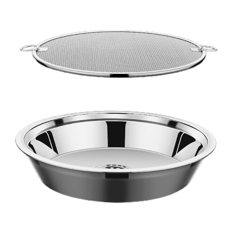 Kitchen Strainer Colander Stainless Steel Oil Drain Plate Round Oil Spill Net with Tray Thickened Food Strainer Plates