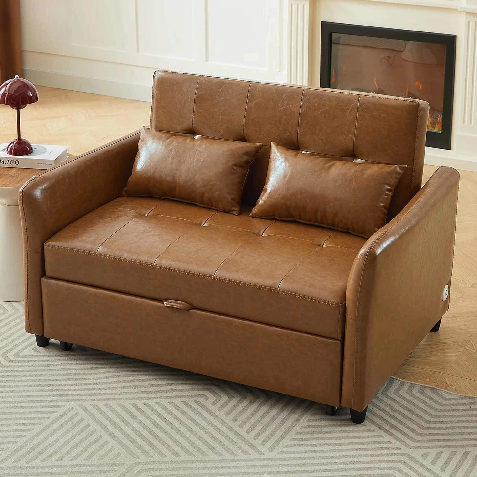 Multi-functional Convertible Pu Leather Pull out Sofa Bed With Two Pillow for Living Room from Factory Directly Sales