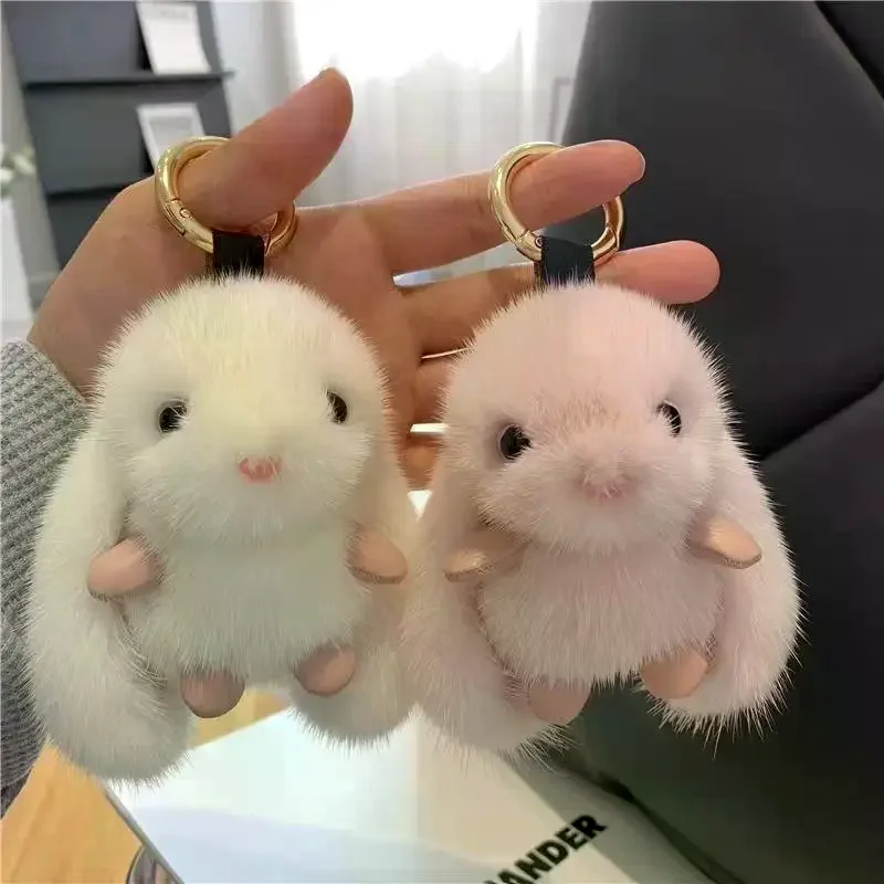 Cute Fluffy Rabbit Keychain Ring Plush Pompon Bunny Bag Pendant For Couple Car Key Ring Jewelry Gifts