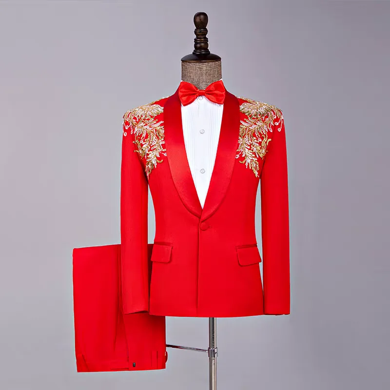 

Мужской модный костюм с аппликацией, комплект из 2 предметов, красный, белый цвет, смокинг с блестками и цветочным принтом, брюки для певца, хора, свадьбы, банкета, сценического хозяина