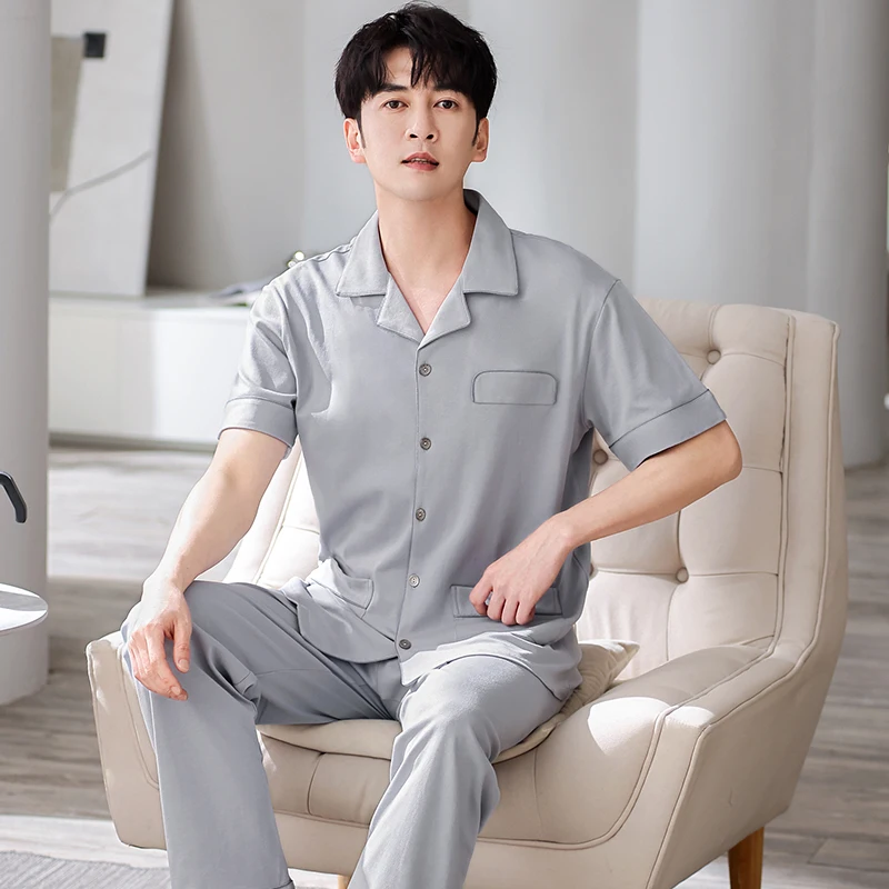 Sleepwear Men Pajamas Men Long Trousers And Short Sleeve Tops Men Pijama Sleep Wear Men Full Pure Cotton Pajamas for Men Sets