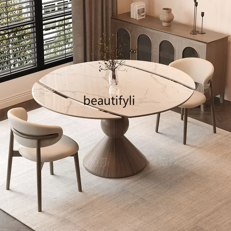 Medieval style rock slab dining table Modern household French retro round solid wood dining table and chairs