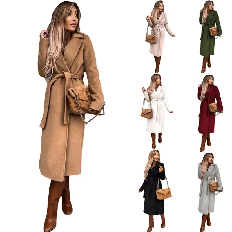 

2024 Autumn Winter Women's Clothing Solid Color Polo Collar Long-Sleeved Woolen Coat Simple Lace up Trench Coat