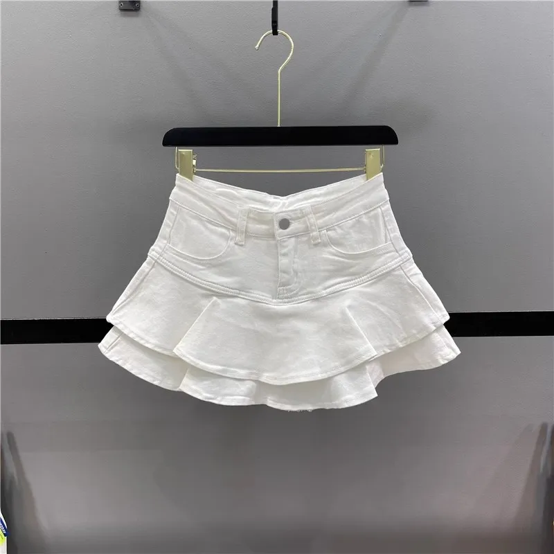

Puffy Tulle Denim Skirt Women's Summer 2025 High Waist A-Line Cake Skirt f-length Flounce Hemline Korean Sle Cotton...