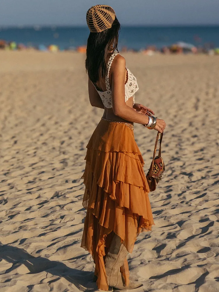 

HH Women's Autumn Fashion Asymmetric Stacked Decorative Skirt Female Elegant Seaside Vacation Style Beach Leisure Long Skirt
