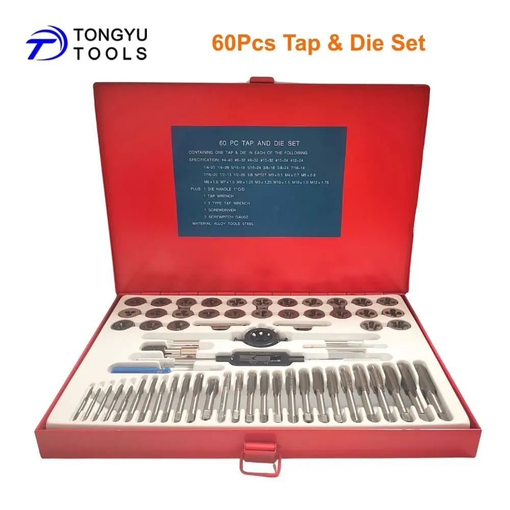 60Pcs Tap and Die Set Metric SAE M3-M12 UNC UNF NPT Thread Repair Kit Internal External Threading Tool with Case
